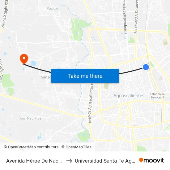 Avenida Héroe De Nacozari, 1415b to Universidad Santa Fe Aguascalientes map