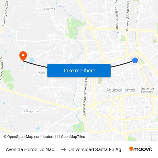 Avenida Héroe De Nacozari, 1608 to Universidad Santa Fe Aguascalientes map