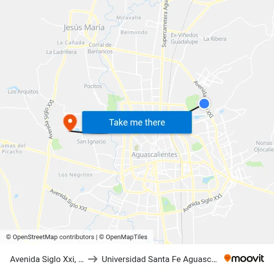 Avenida Siglo Xxi, 2927 to Universidad Santa Fe Aguascalientes map