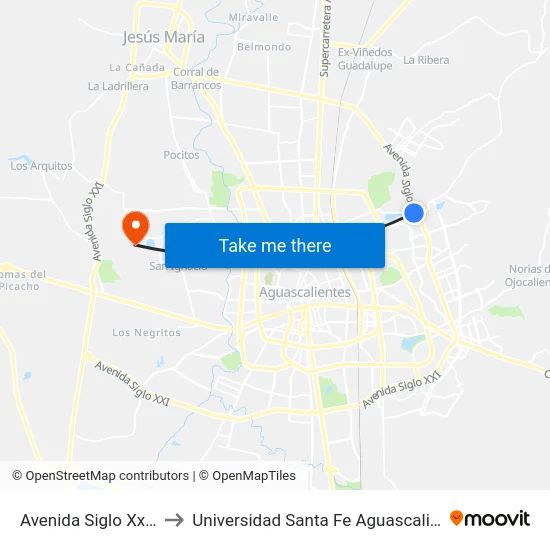 Avenida Siglo Xxi, Ct to Universidad Santa Fe Aguascalientes map
