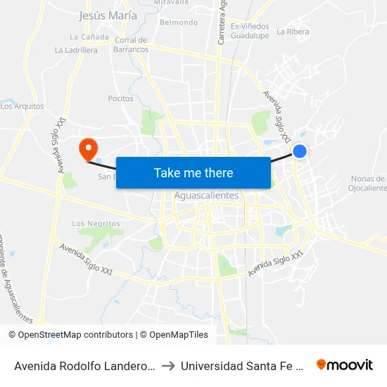 Avenida Rodolfo Landeros Gallegos, 626 to Universidad Santa Fe Aguascalientes map