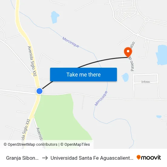 Granja Siboney to Universidad Santa Fe Aguascalientes map