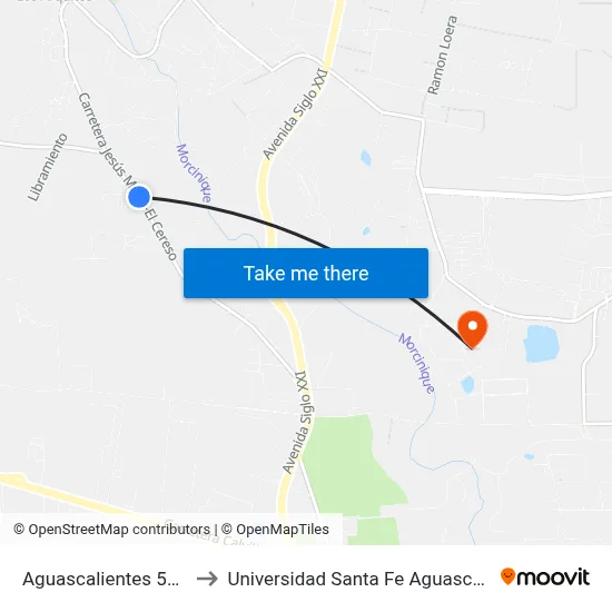 Aguascalientes 52, 116 to Universidad Santa Fe Aguascalientes map