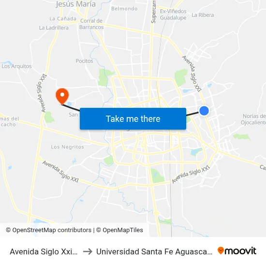 Avenida Siglo Xxi, 133 to Universidad Santa Fe Aguascalientes map