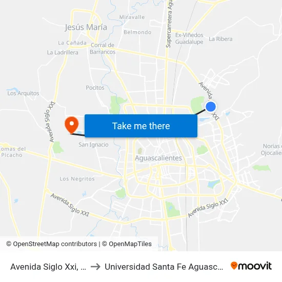 Avenida Siglo Xxi, 2927 to Universidad Santa Fe Aguascalientes map