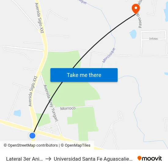 Lateral 3er Anillo to Universidad Santa Fe Aguascalientes map