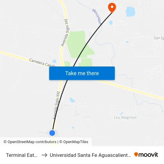 Terminal Eaton to Universidad Santa Fe Aguascalientes map