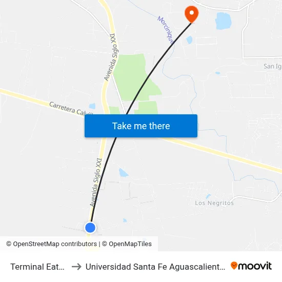 Terminal Eaton to Universidad Santa Fe Aguascalientes map