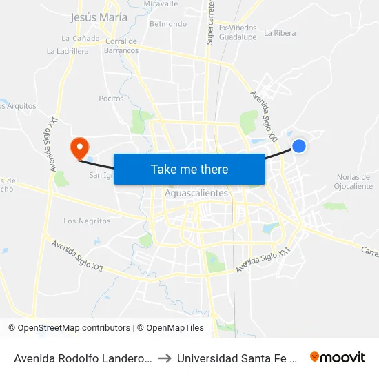 Avenida Rodolfo Landeros Gallegos, 107 to Universidad Santa Fe Aguascalientes map