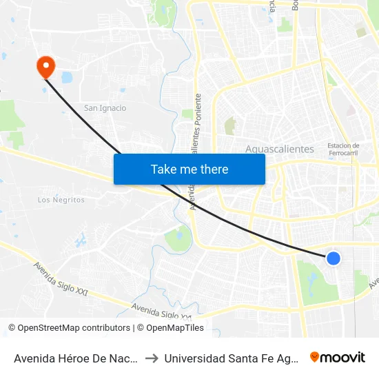 Avenida Héroe De Nacozari, 2301 to Universidad Santa Fe Aguascalientes map