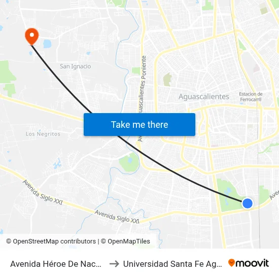 Avenida Héroe De Nacozari, Sn(Lb) to Universidad Santa Fe Aguascalientes map