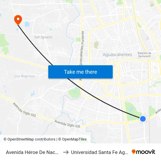 Avenida Héroe De Nacozari, Sn(Lb) to Universidad Santa Fe Aguascalientes map