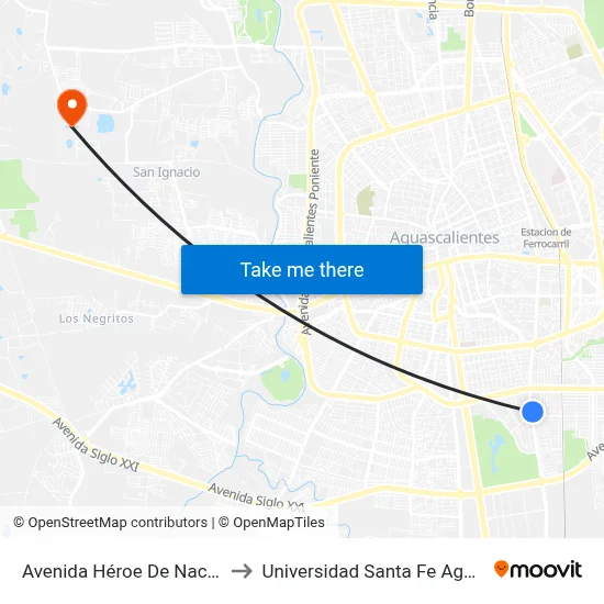 Avenida Héroe De Nacozari, 2301 to Universidad Santa Fe Aguascalientes map