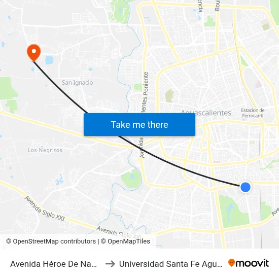 Avenida Héroe De Nacozari, 101 to Universidad Santa Fe Aguascalientes map