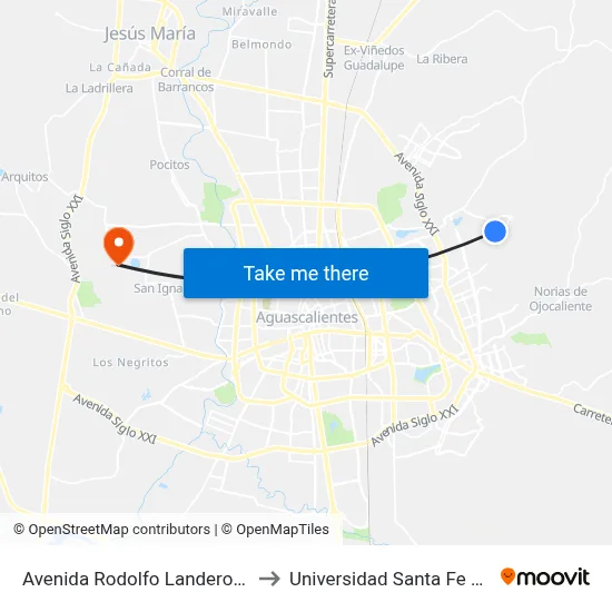 Avenida Rodolfo Landeros Gallegos, 1708 to Universidad Santa Fe Aguascalientes map