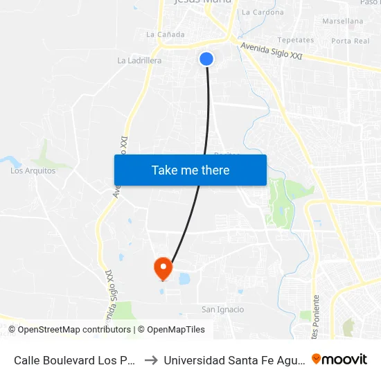 Calle Boulevard Los Pocitos, 135 to Universidad Santa Fe Aguascalientes map