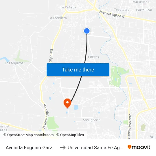 Avenida Eugenio Garza Sada, 917 to Universidad Santa Fe Aguascalientes map
