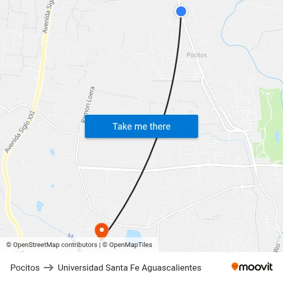 Pocitos to Universidad Santa Fe Aguascalientes map