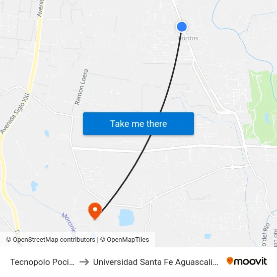 Tecnopolo Pocitos to Universidad Santa Fe Aguascalientes map