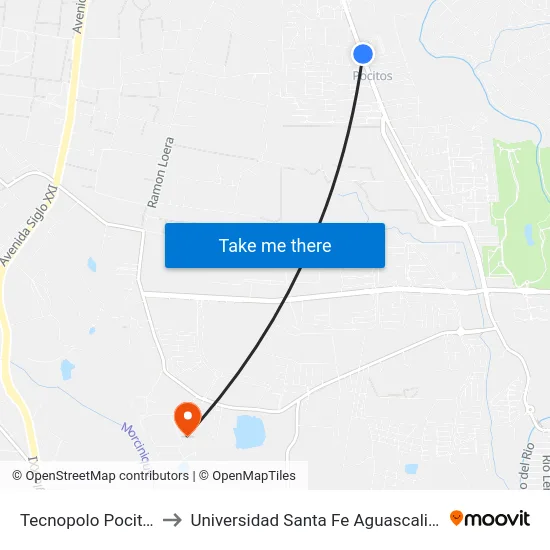 Tecnopolo Pocitos1 to Universidad Santa Fe Aguascalientes map
