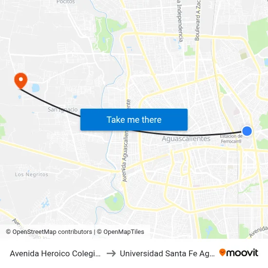 Avenida Heroico Colegio Militar, 103 to Universidad Santa Fe Aguascalientes map