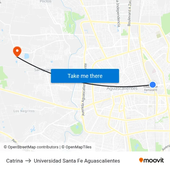 Catrina to Universidad Santa Fe Aguascalientes map