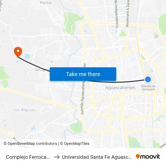 Complejo Ferrocarrilero to Universidad Santa Fe Aguascalientes map