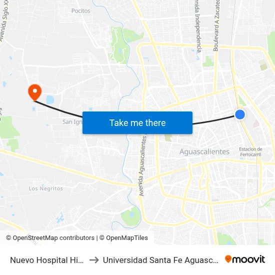 Nuevo Hospital Hidalgo to Universidad Santa Fe Aguascalientes map