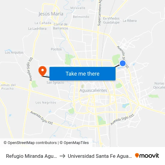 Refugio Miranda Aguayo, 604 to Universidad Santa Fe Aguascalientes map
