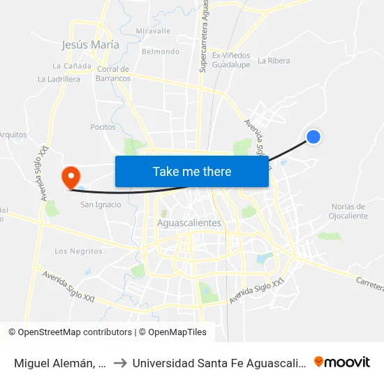 Miguel Alemán, 115 to Universidad Santa Fe Aguascalientes map
