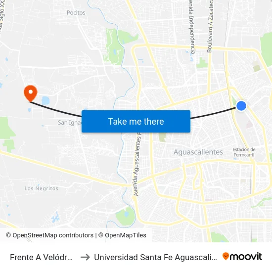Frente A Velódromo to Universidad Santa Fe Aguascalientes map