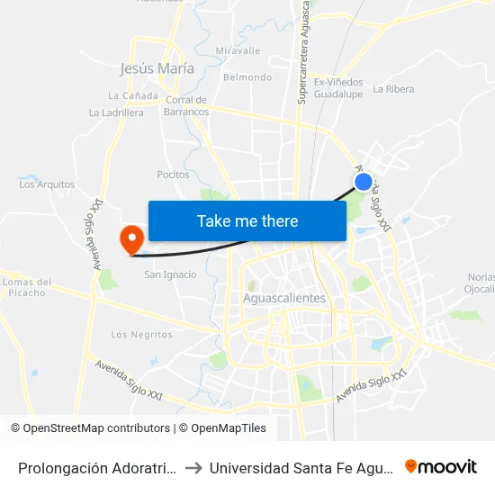 Prolongación Adoratrices, 1106 to Universidad Santa Fe Aguascalientes map