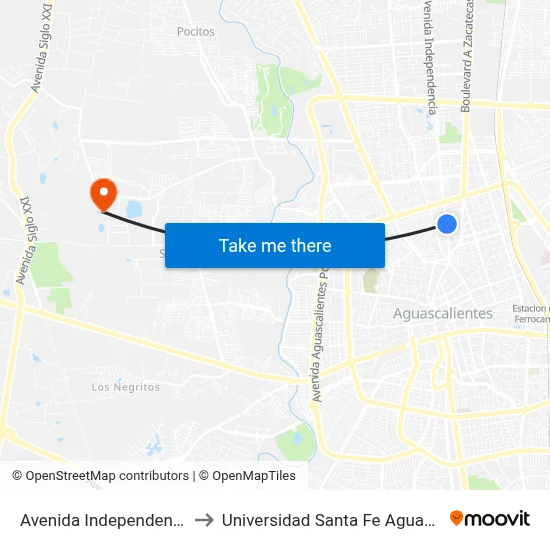 Avenida Independencia, 517 to Universidad Santa Fe Aguascalientes map