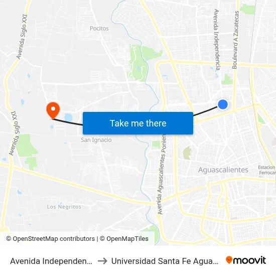 Avenida Independencia, 939 to Universidad Santa Fe Aguascalientes map