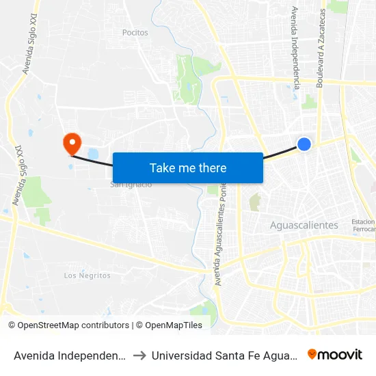 Avenida Independencia, 801 to Universidad Santa Fe Aguascalientes map