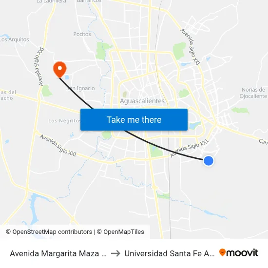 Avenida Margarita Maza De Juárez, 955 to Universidad Santa Fe Aguascalientes map