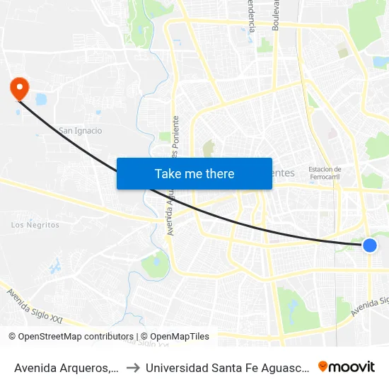 Avenida Arqueros, 1030 to Universidad Santa Fe Aguascalientes map