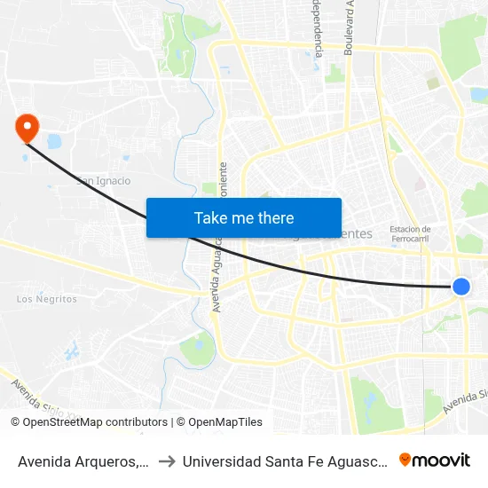 Avenida Arqueros, 102c to Universidad Santa Fe Aguascalientes map