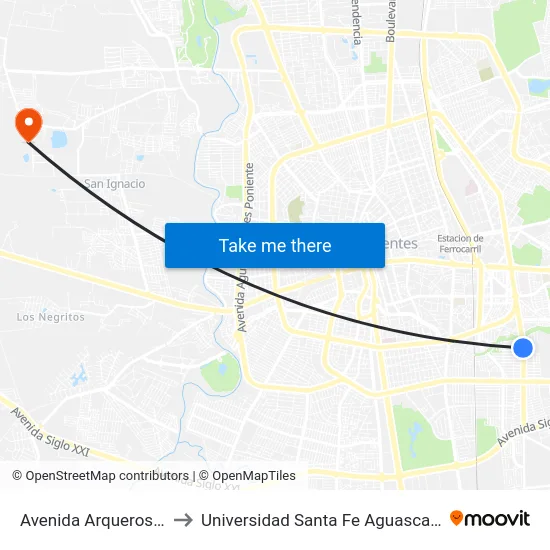 Avenida Arqueros, 927 to Universidad Santa Fe Aguascalientes map