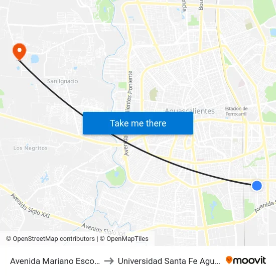 Avenida Mariano Escobedo, 117 to Universidad Santa Fe Aguascalientes map