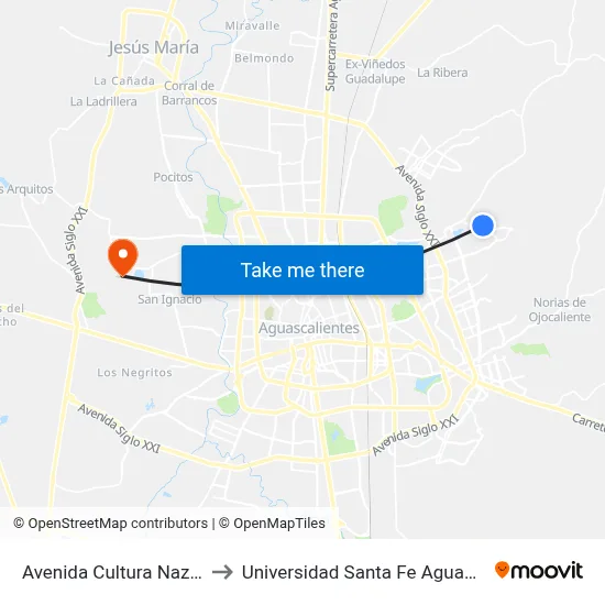 Avenida Cultura Nazca, 703 to Universidad Santa Fe Aguascalientes map