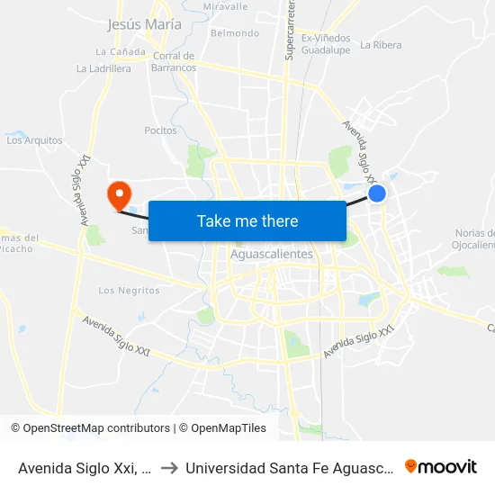 Avenida Siglo Xxi, Sn(D) to Universidad Santa Fe Aguascalientes map