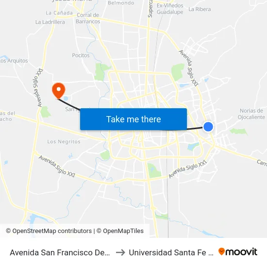 Avenida San Francisco De Los Viveros, 1002 to Universidad Santa Fe Aguascalientes map