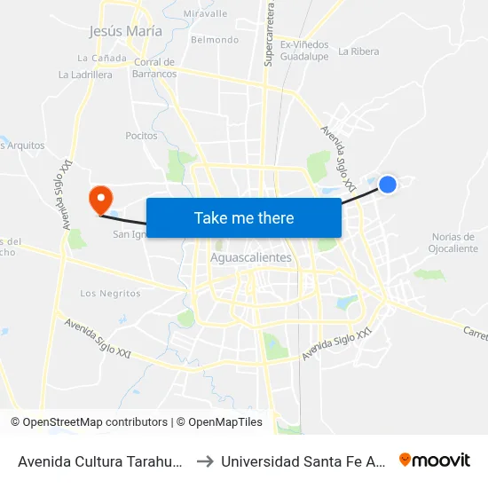 Avenida Cultura Tarahumara, 181(Vd) to Universidad Santa Fe Aguascalientes map