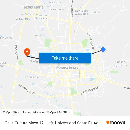 Calle Cultura Maya 122, 122_20 to Universidad Santa Fe Aguascalientes map