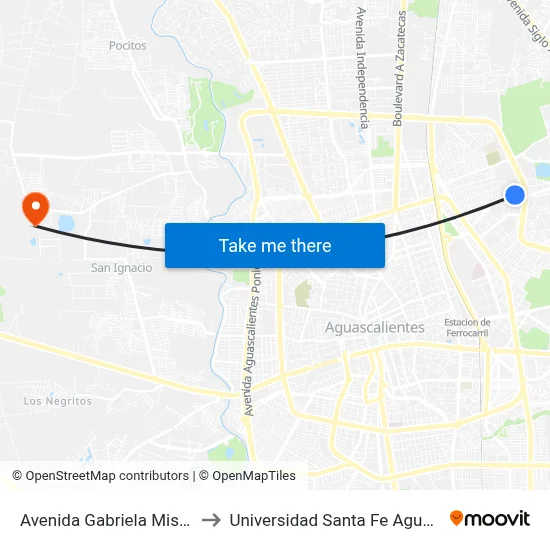 Avenida Gabriela Mistral, 904b to Universidad Santa Fe Aguascalientes map
