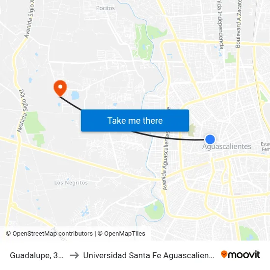 Guadalupe, 314 to Universidad Santa Fe Aguascalientes map