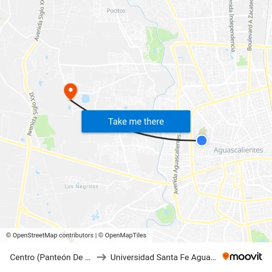Centro (Panteón De La Cruz) to Universidad Santa Fe Aguascalientes map