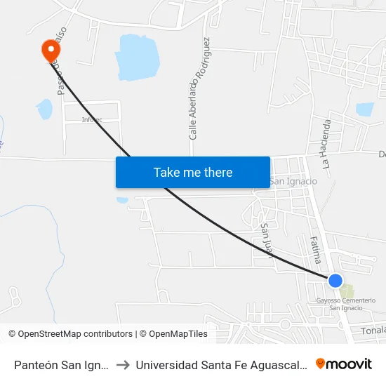 Panteón San Ignacio to Universidad Santa Fe Aguascalientes map