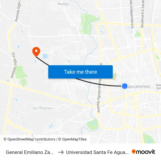 General Emiliano Zapata, 312 to Universidad Santa Fe Aguascalientes map